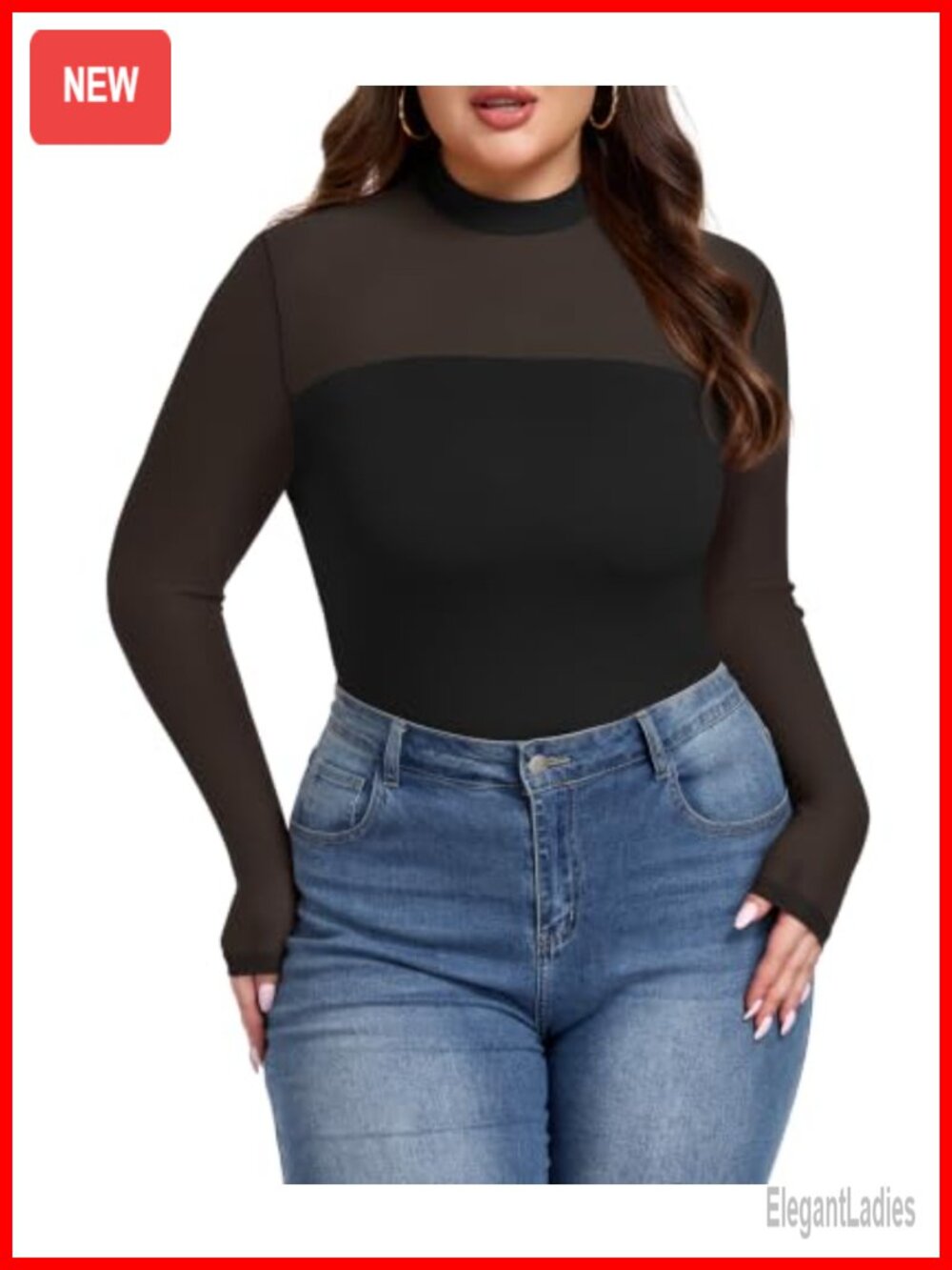 Plus Size Sheer Mesh Top Mock Neck Long Sleeve Blouse
